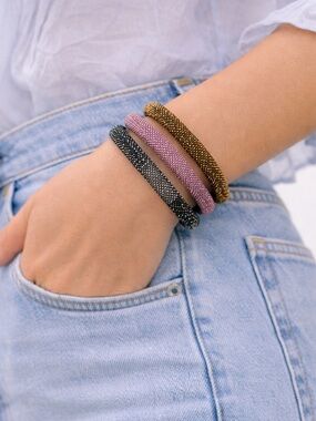 Beaded Crystal Mesh Bracelet Set – Gold, Pink & Black | Magnetic Stack